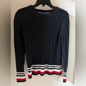 Tommy Hilfiger Navy Cable Knit Sweater with Striped Hem